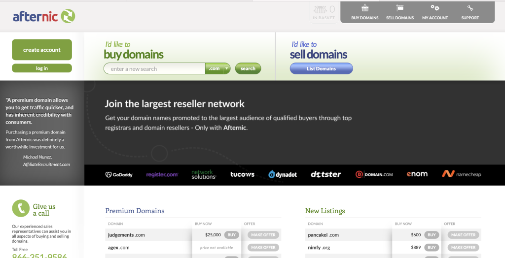 Capture d"écran de la page d'accueil de Afternic.com