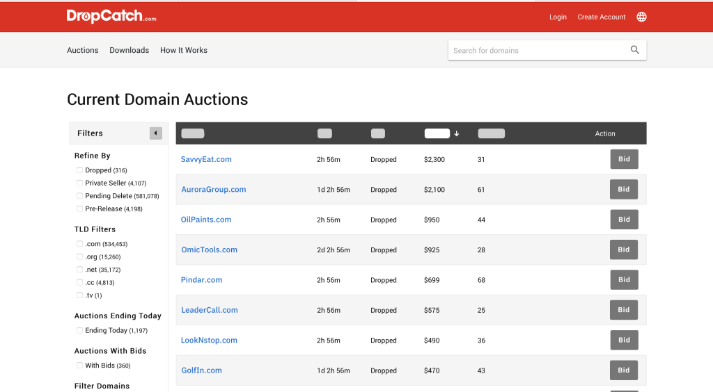 Capture d'écran de la page d'accueil du site dropcatch.com