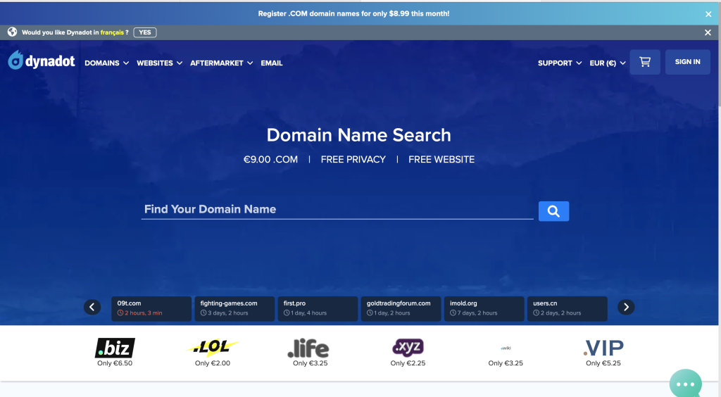 Capture d'écran de la page d'accueil du site dynadot.com