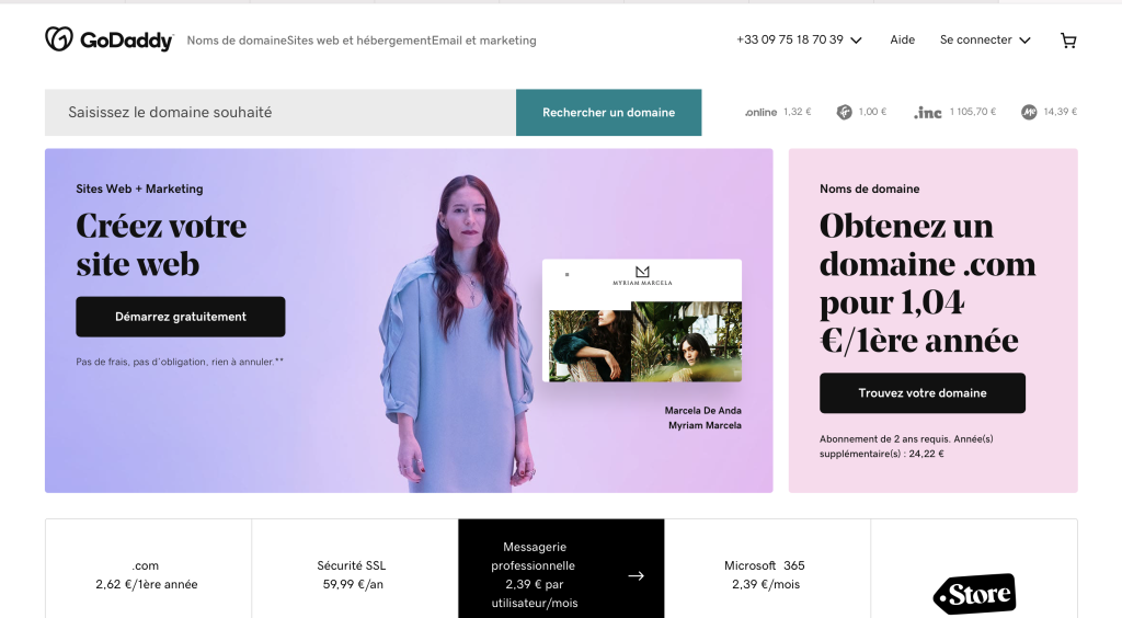 Capture d'écran de la page d'accueil de Godaddy 