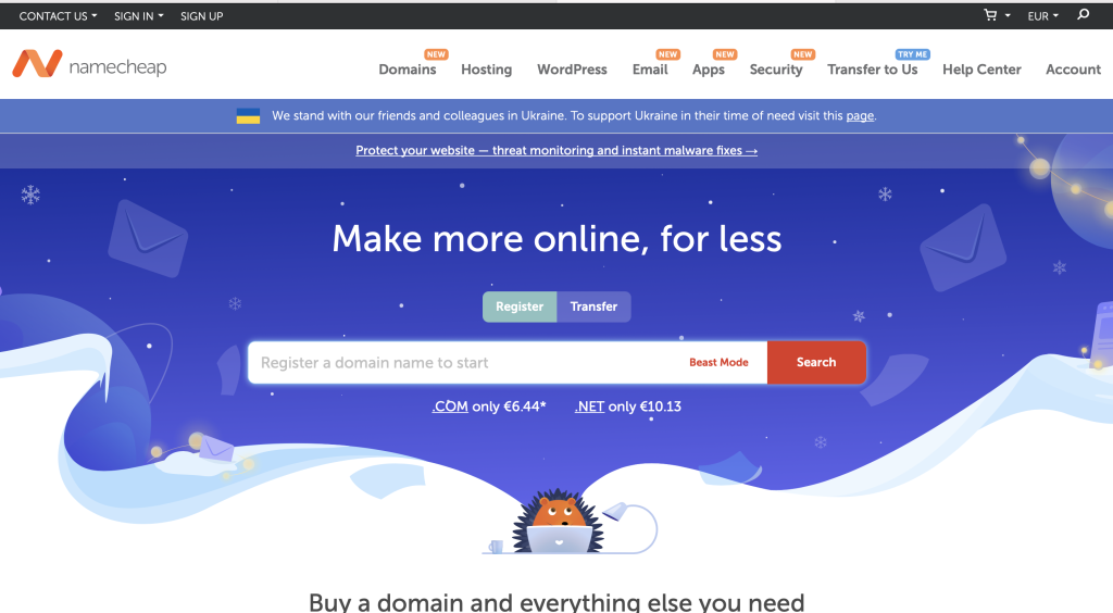 Capture d'écran de la page d'accueil du site namecheap.com