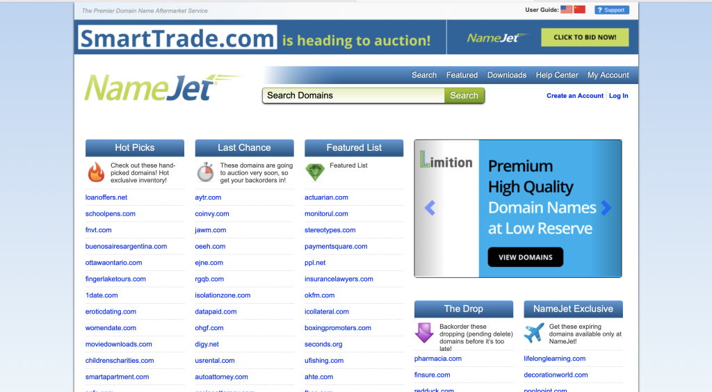 Capture d'écran de la page d'accueil du site Namejet.com