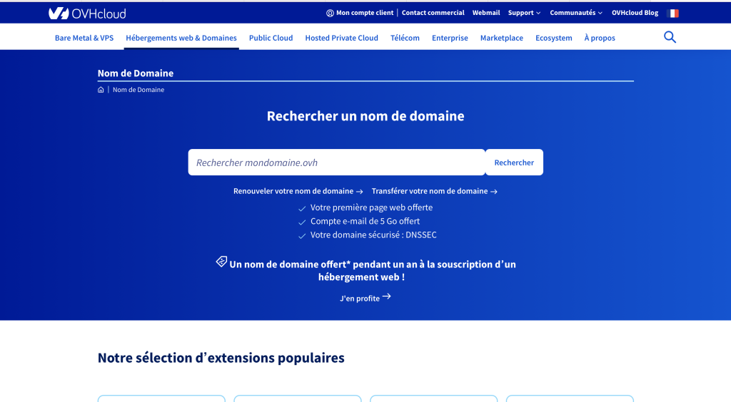 Capture d'écran de la page d'accueil du site ovhcloudcom