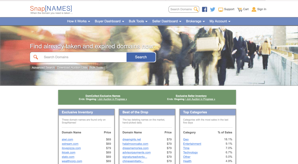 Capture d'écran de la page d'accueil du site snapnames.com