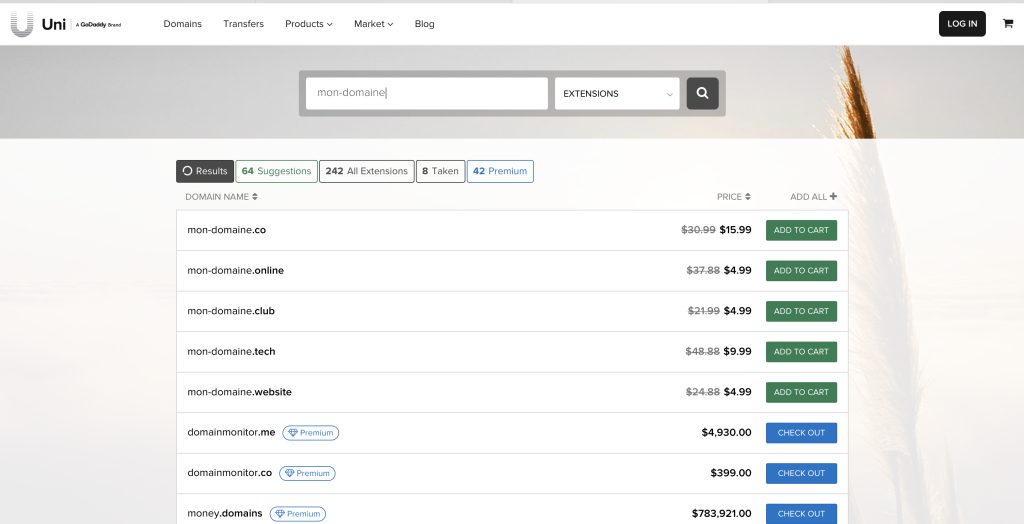 Capture d'écran de Uniregistry 